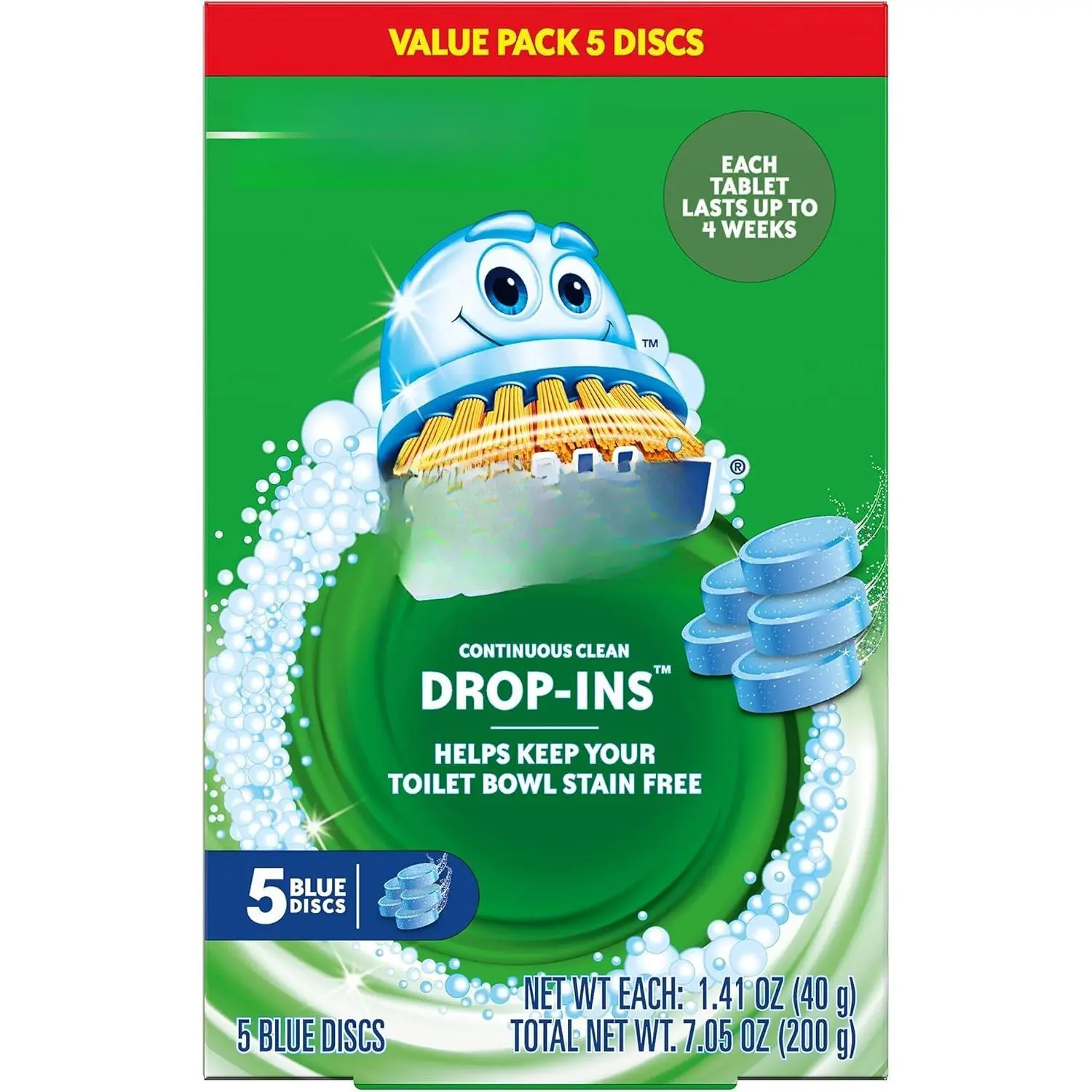 Household Toilet Bowl Cleaner Drop-In Disc Tablets, Stain-Resistant Formula, 4 Weeks of Continuous Clean Protection Per Tablet, 5-Count (Pack of 1), Toilet Bowl Cleaners