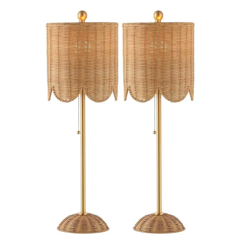 Celerie 27.5" Coastal Bohemian Rattan/Iron Scalloped Buffet LED Table Lamps with Pull Chain (Set of 2)