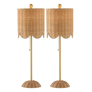 Celerie 27.5" Coastal Bohemian Rattan/Iron Scalloped Buffet LED Table Lamps with Pull Chain (Set of 2)