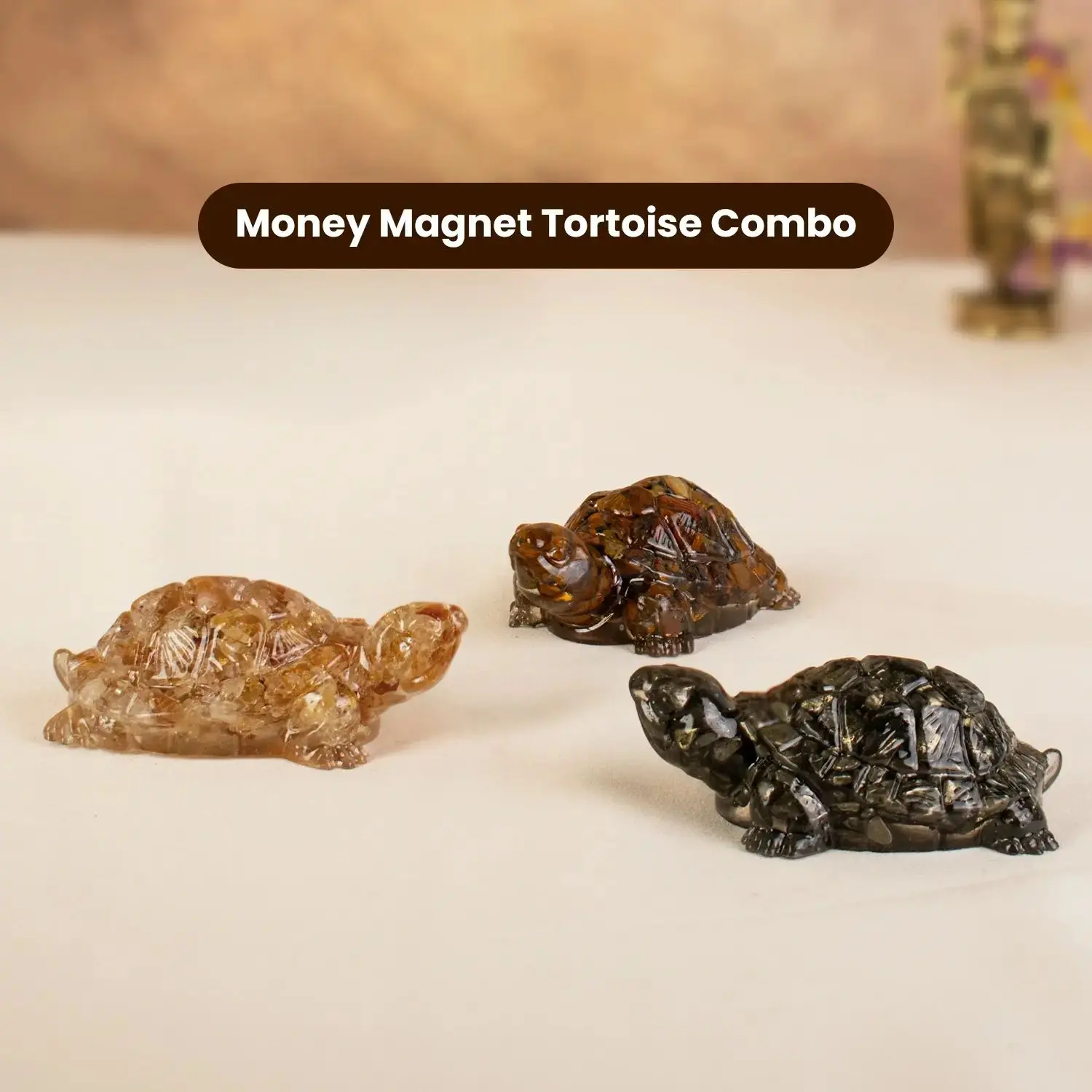 Astrotalk 3-Pcs Feng Shui Money Magnet Resin-Encased Crystal Tortoise Set - Pyrite, Citrine, Tiger Eye - Wealth Attraction, Confidence Boost, Courage, Optimism - Desk Harmony Decor Gift for Office, Birthday