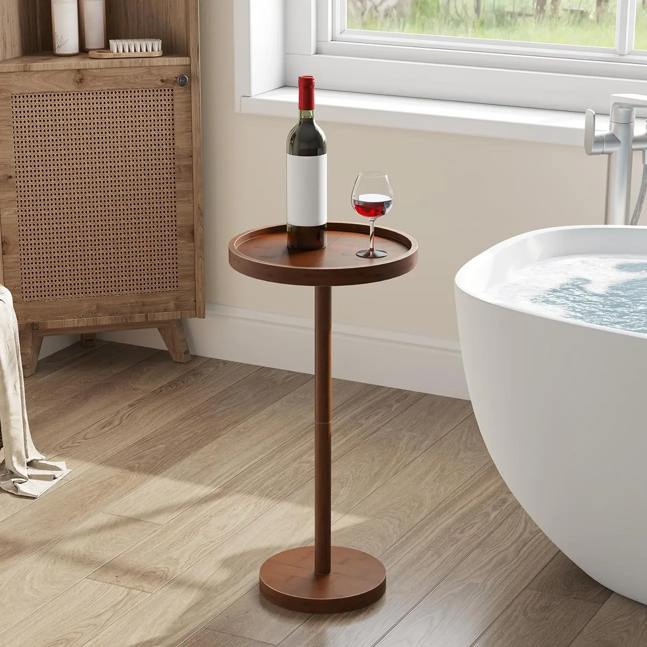 HOOBRO Bamboo Drink Table, Coffee Martini Table with Pedestal Accent, Small Round Side Table for Small Spaces in Living Room, Bedroom, Sofa Couch, Mocha #SummerVibes
