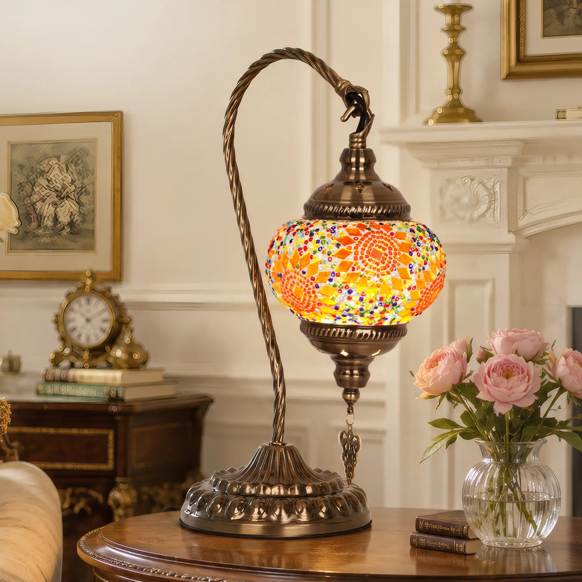 14.57 Inch Vintage Orange Mosaic Glass Table Lamp, Curved Gooseneck Bronze Metal Desk Lamp, E26 Warm Light Decorative Bedside Lamp for Bedroom Living Room Farmhouse 110V