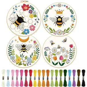 Bee & Flower Pattern Embroidery Kit, 4pcs/set DIY Set With Accessories, Embroidery Starter Kit For Beginner, Embroidery Craft