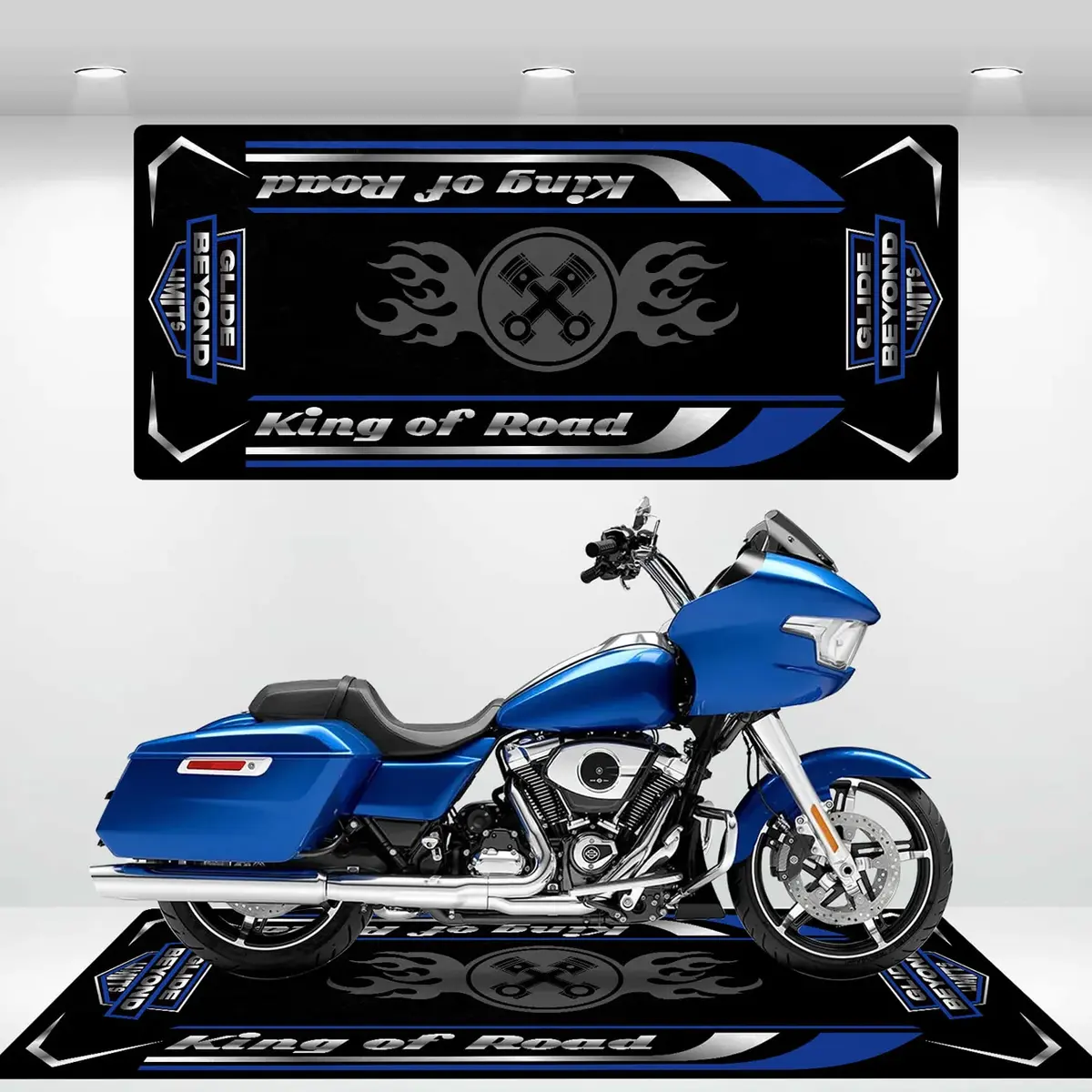 King of Road Motorcycle Parking Mat, Cool Reflective Material Garage Carpet, Durable Short Pile for Indoor Use, Perfect for Living Rooms & Game Rooms, Low Pile Rugs, Polyester Fiber Rug