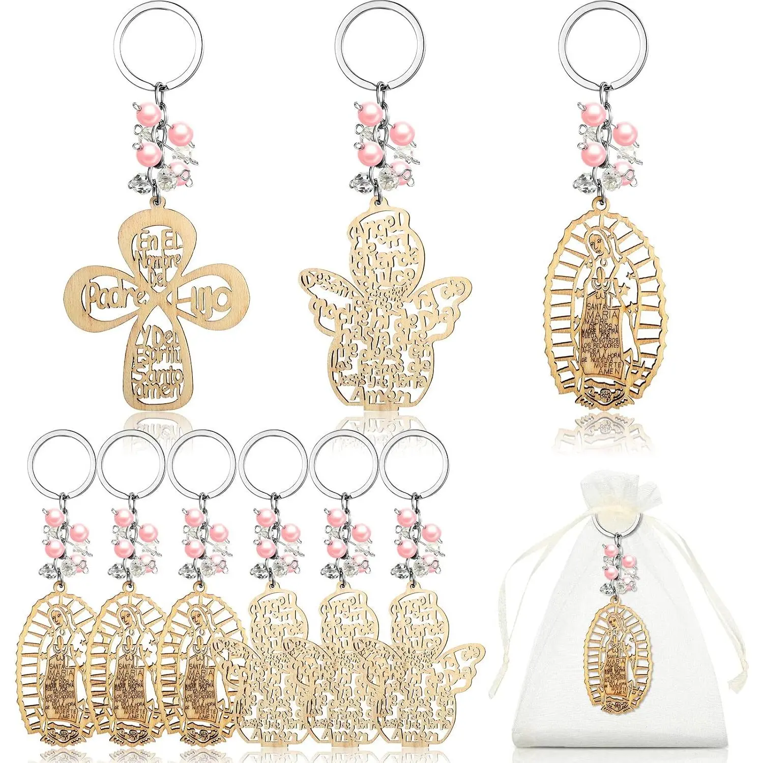 18 Pack Wooden Cross Keychains with Pink Pearls, Religious Prayer Favors for Baptism & Christening, Includes 18 Organza Bags