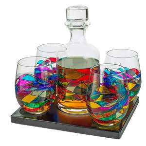 Artisanal Hand Painted Glassware Gift for Mom, Wife, Friend - Artisanal Barcelona Hand Painted Whiskey & Wine Decanter Set, Rennesance Romantic Stain-glassed Windows Glasses - Mothers Day