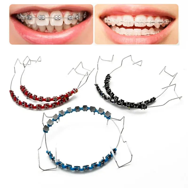 1Pair Colorful Brackets Dental Fake Braces With Hook Temporary Tooth Decoration With Metal Wires Bracket Ligature Tie