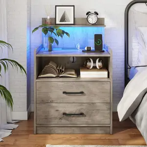 LED Nightstand With Charging Station, Night Stand With 2 Drawers And Open Storage, Bedside Table With LED Lights, Modern End Table With USB Ports Outlets