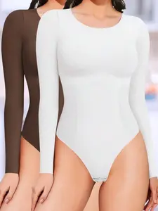 2-Pack Women’s Long Sleeve Shapewear Tops – Seamless Tummy Control Compression Bodysuits