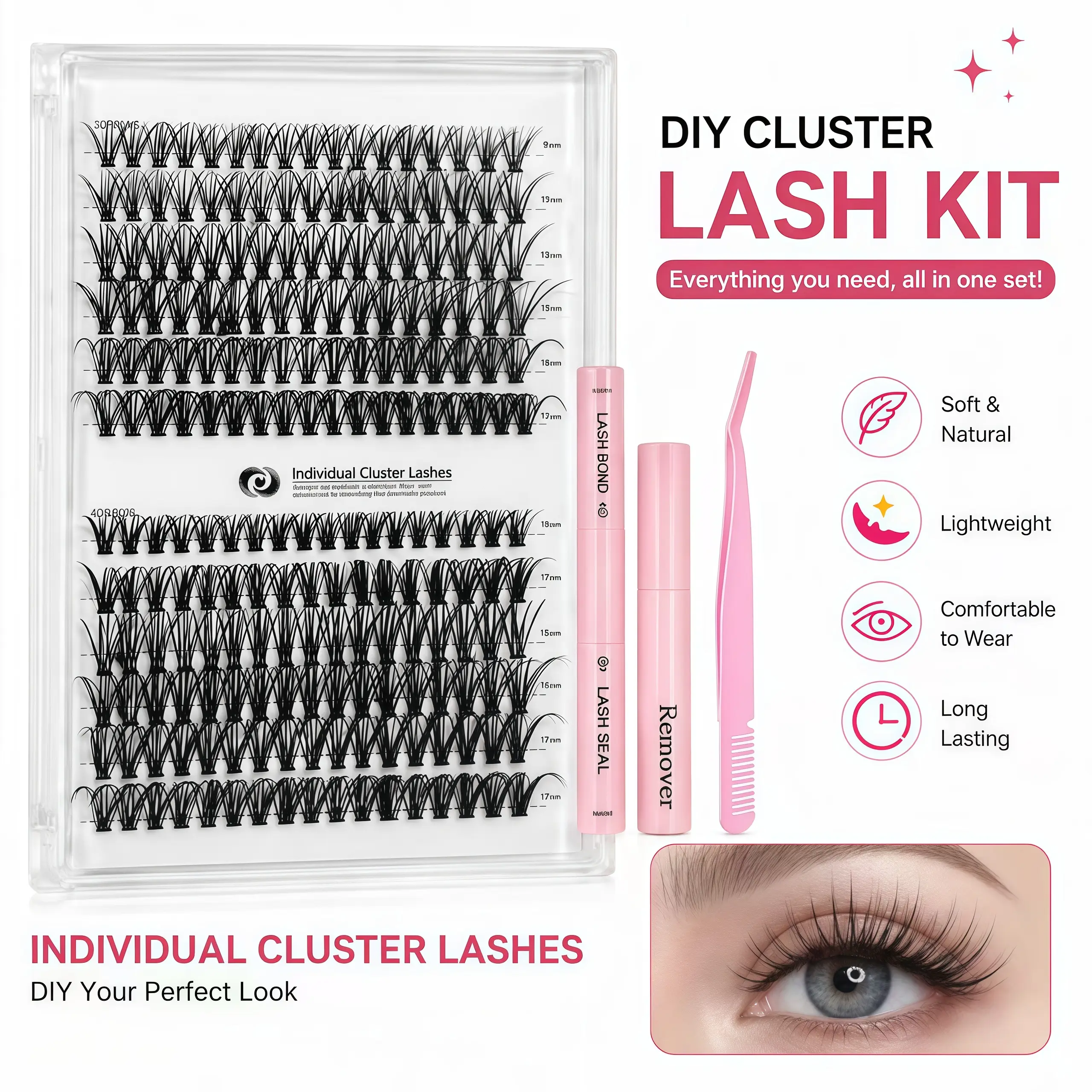 Lash Clusters Kit 30D/40D Natural Individual LashesWispy Eyelash Extensions DIY Lash Extension Kit LashBond and Seal Waterproof, Lash Applicator, ThickFalse Eyelashes Kit