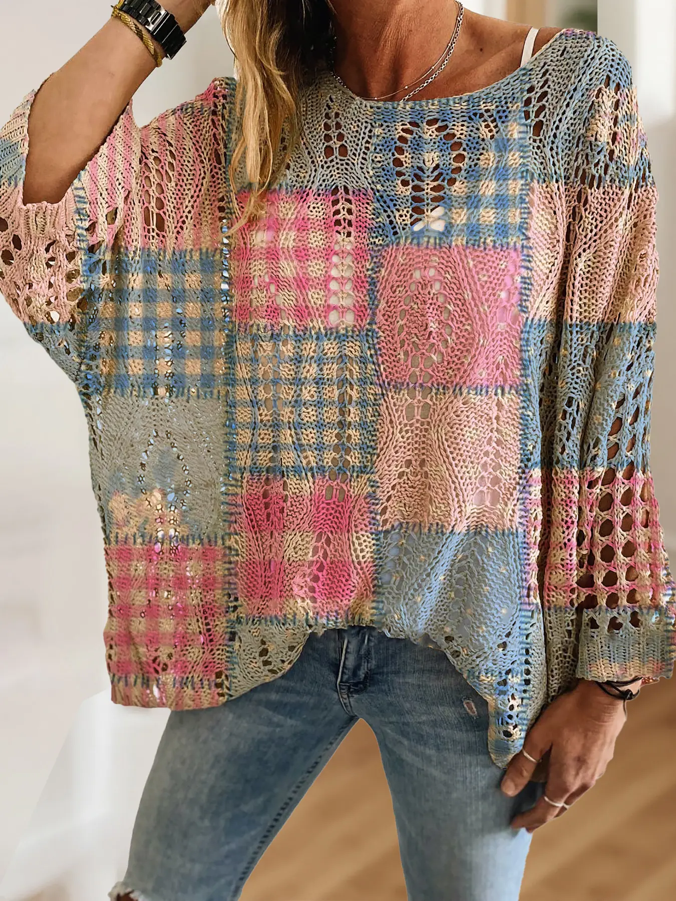Women's Boho Geometric Patchwork Print Long Sleeve Batwing Knit Top, Casual Elegant Vacation Style, Comfortable Breathable Loose Fit, Spring Summer Fall Fashion, Womenswear Knitwear