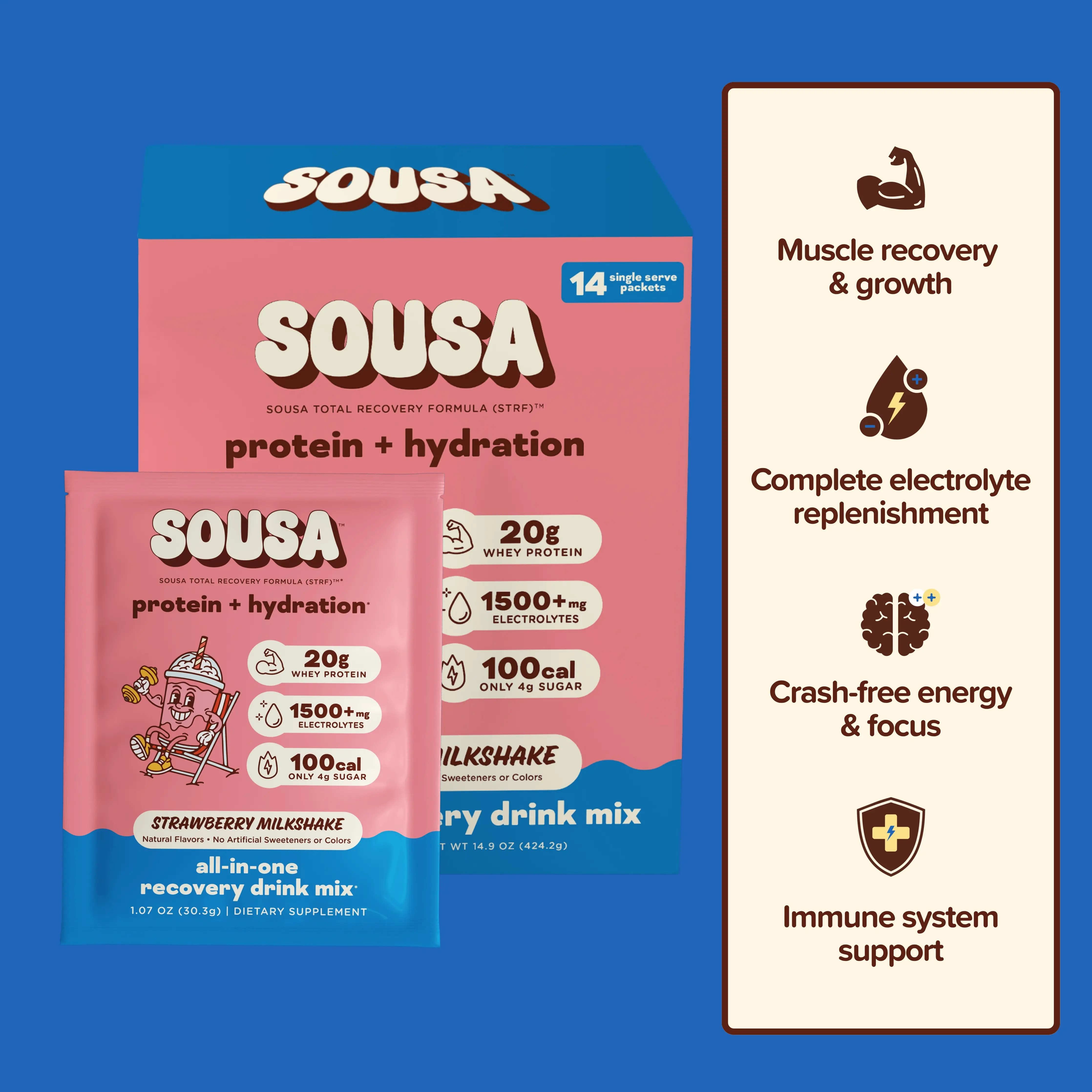Sousa Premium Protein + Hydration Powder Drink Mix, 14 Single-Serve Fitness Supplements, 3 Flavors (Vanilla, Strawberry Milkshake, Salted Caramel), 20g Whey, 1500mg Electrolytes, Caffeine-Free Sports Nutrition Protein for Training Recovery & Muscle Growth