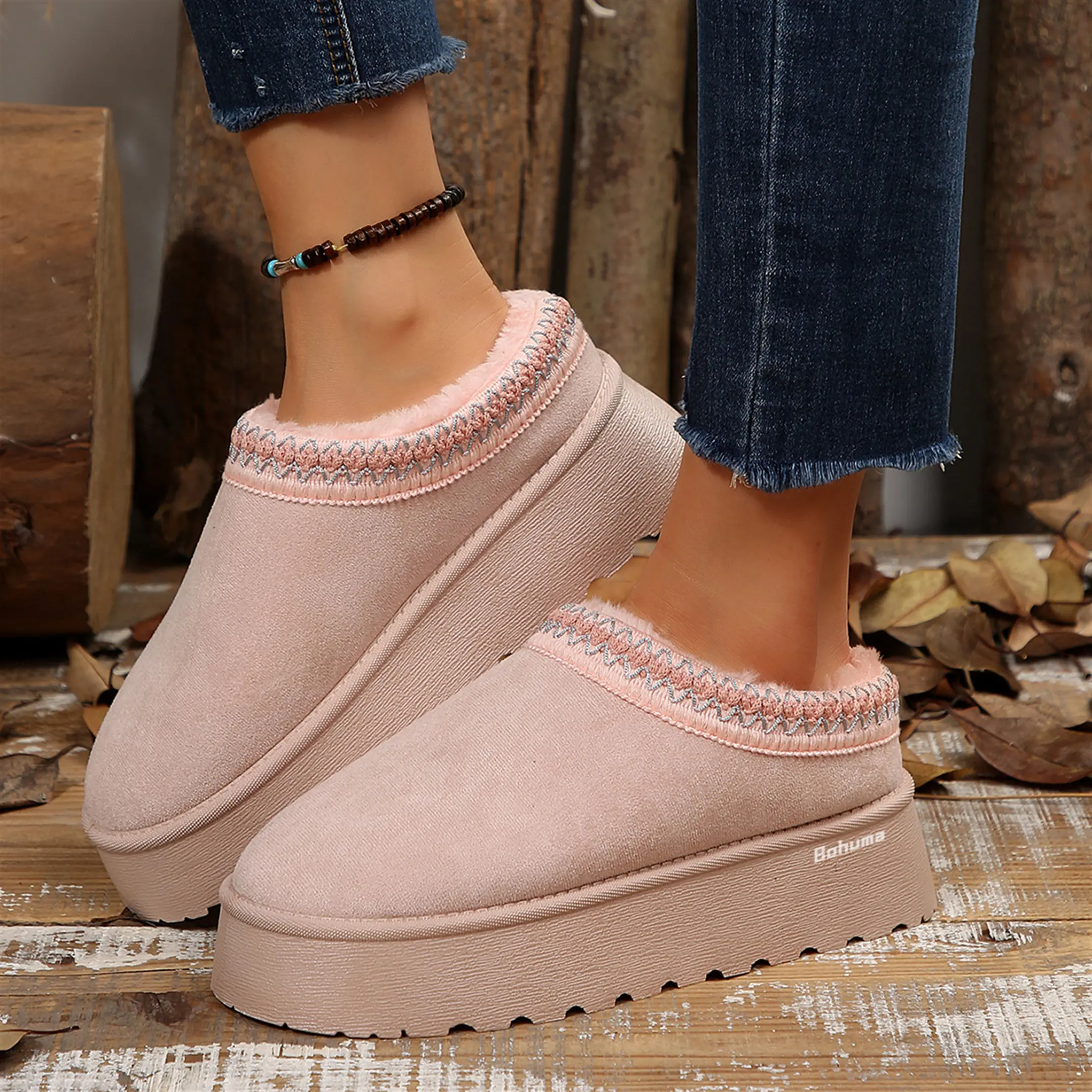 Platform Slippers Mini Boots for Women Fleece Lined Boots Platform Boots Anti-Slip Snow Platform Slippers for Women Outdoor Winter Booties Brown