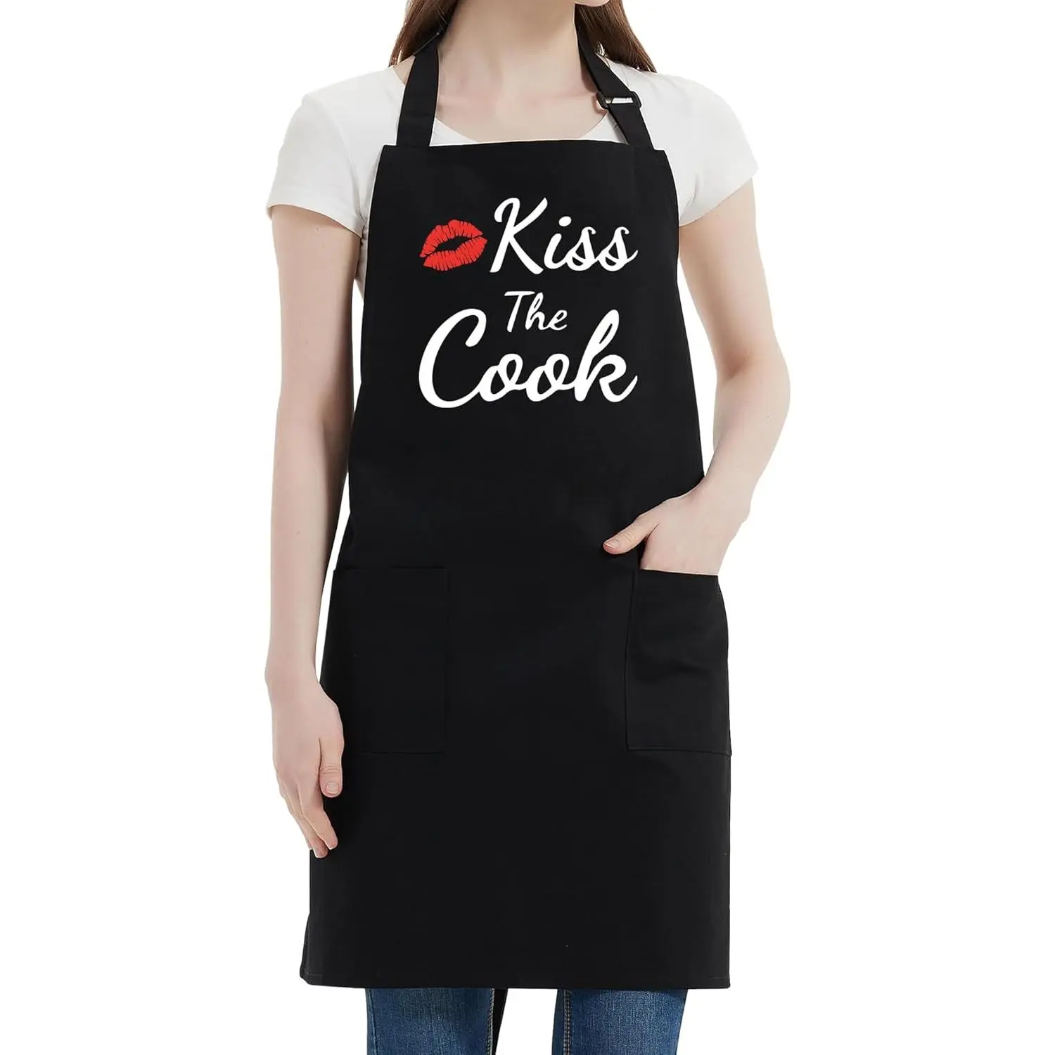 Funny Aprons for Women Men - Kiss the Cook Apron - Funny Chef Cooking BBQ Grill Aprons with 2 Pockets - Birthday Mothers Day Gifts for Mom, Wife - Fathers Day Christmas Gifts for Dad, Husband