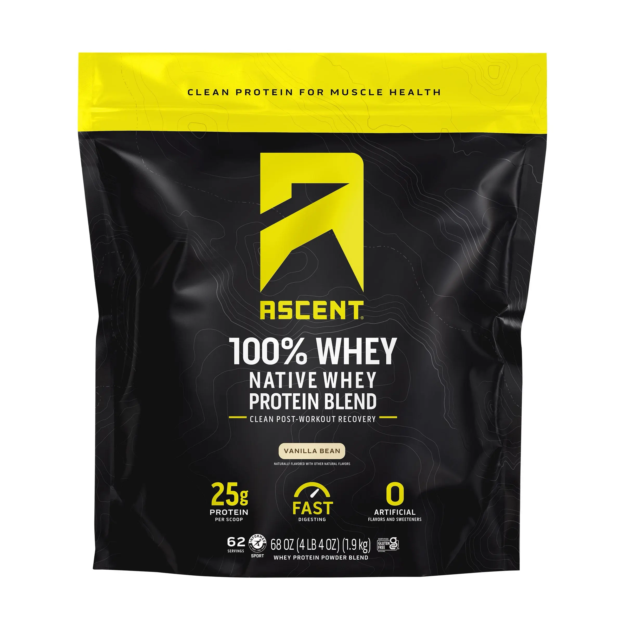 Ascent 100% Native Whey Protein Powder (Isolate, Natural, No Gluten), Vanilla Bean Flavor, 4 lb (1.9 kg) Bag - 25g Protein per Scoop, Easy to Mix, 62 Servings for Adult Post-Workout Recovery, Fitness