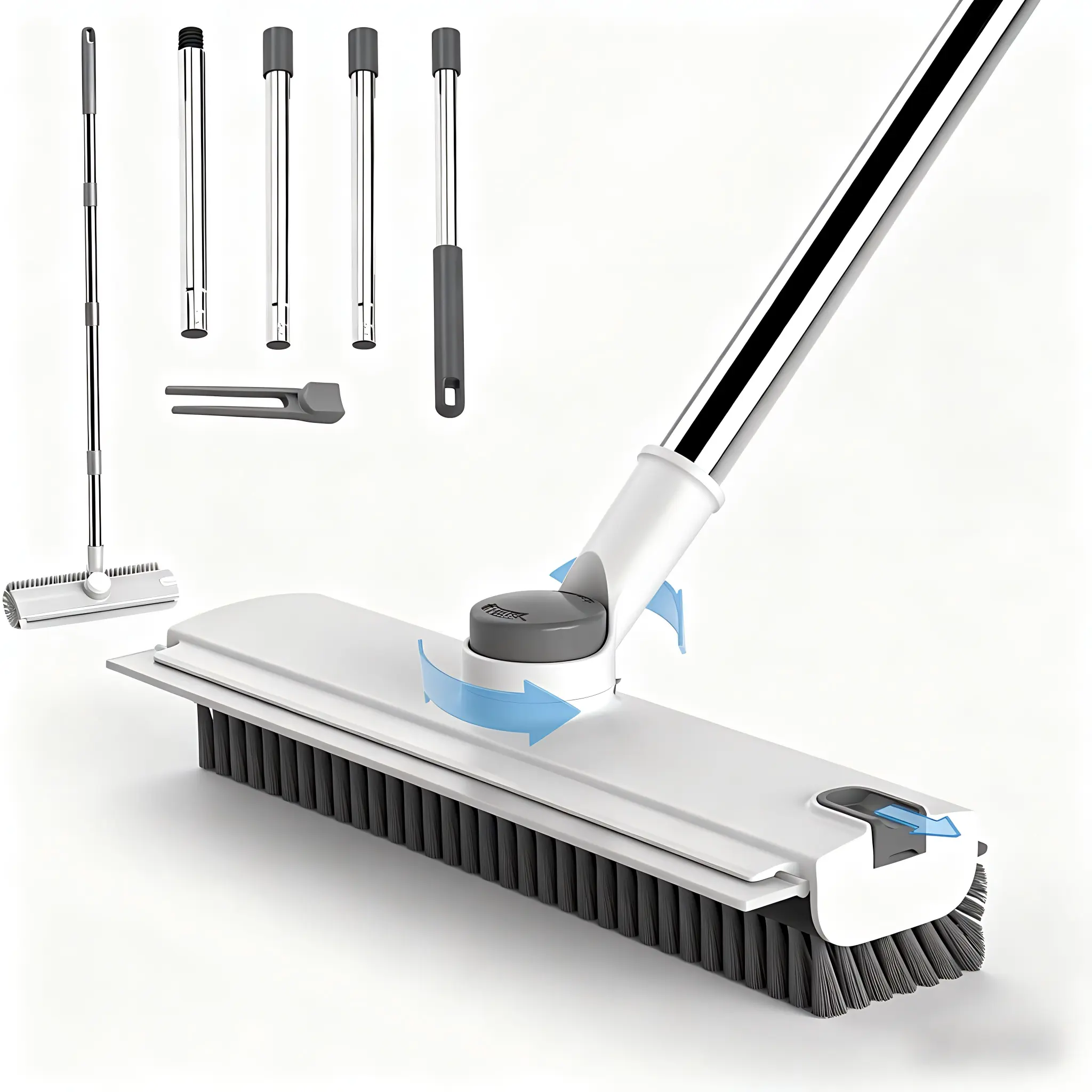 3 in 1 Scrub Brush with Long Handle, Shower Scrubber Floor Brush Broom Squeegee, 180° Rotating Stiff Bristle Cleaning Brush with Adjustable Handle, Silicone Squeegee for Tile, Bathtub, Wall, Patio, Garage, Kitchen Cleaning Supplies, Home Essential Gifts