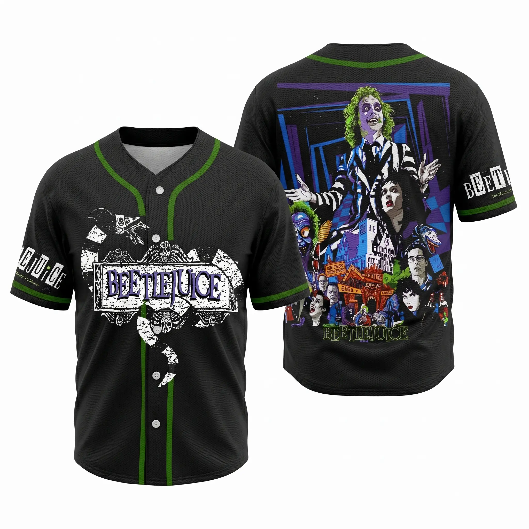 Beetlejuice Musical Sandworm Baseball Jersey | Spooky Halloween Goth Button Down Shirt | Horror Movie Fan Merch | Creepy Streetwear