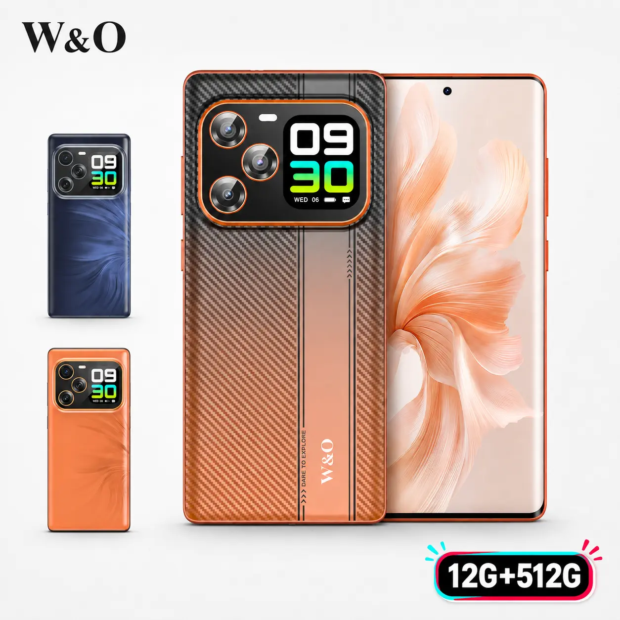 【TikTokShopBackToSchool】W&O WO2 12GB+512GB Dual-Screen Smartphone, 6.67" OLED Curved Screen, 1.75" Rear Display, Android 14, G99 Octa-Core, 64MP Camera, 5000mAh Battery, Dual SIM Android Phone, 512GB Storage, Big Screen Cell Phone, Gift for Teens
