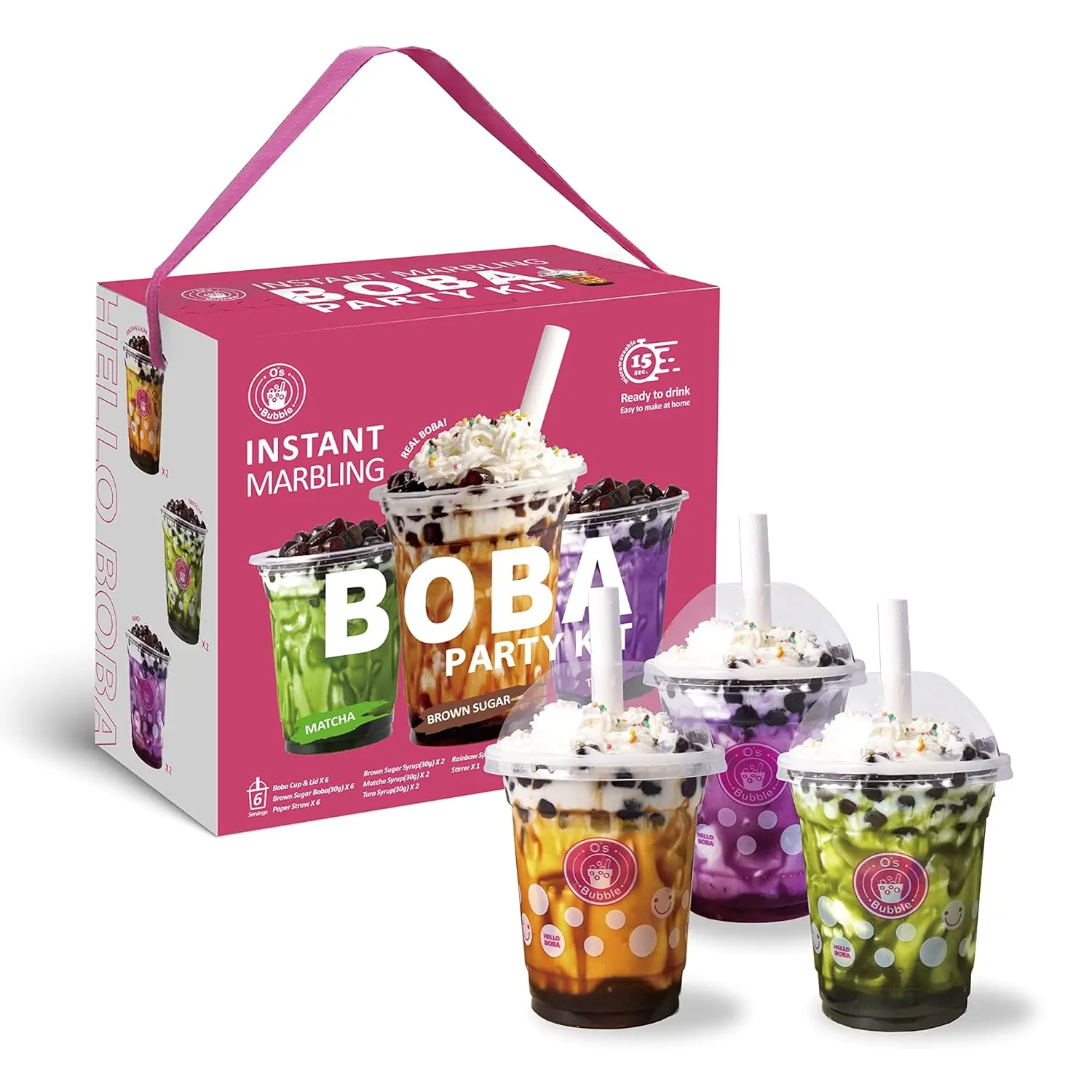 O's Bubble Boba Tea Party Kit - 6-Serving Variety Pack with Boba Pearls, Cups, Straws, Stirrer, Low Fat Drinks, Vegan Safe - Microwave Required