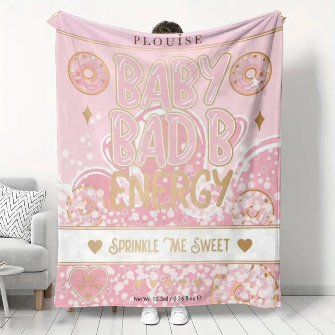 Pink Sweet Style Flannel Blanket - Cozy All-Season Throw with "PLOUise" & " O BAD B ENERGY" Print, Soft Polyester, Perfect for Home, Office, Travel, and Camping, Travel Blanket | Lightweight, breathable, and soft.---Warm Haven Textiles