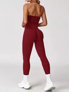 Women's Solid Halter Neck Sports Top & Leggings Set, Sporty Casual Breathable Two-piece Set for Yoga Gym Workout Running, Ladies Sportswear for All Seasons Workout Running Outfits