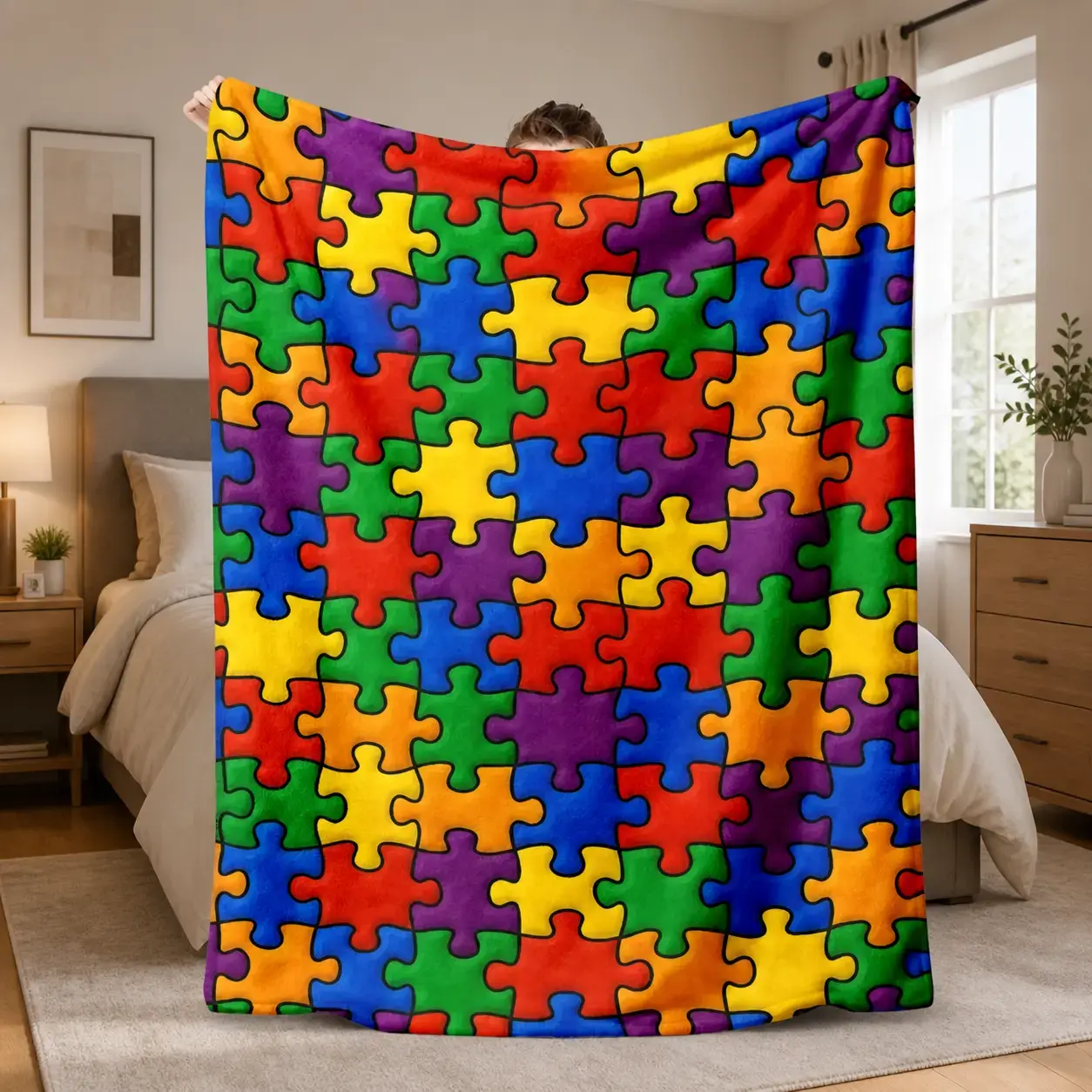 1pc 2D Flat 2026 New Flannel Blanket Is Now Available. Ultrasoft and Warm Plush Puzzle Blanket, Suitable All Seasons, Comfortable to Use. Features Colorful Patchwork Puzzle Patterns, Washable