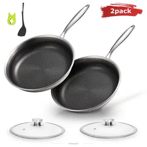 [9.5 Inch*2] Kitexpert 9.5 inch Stainless Steel Skillet Set, Non-stick Honeycomb Frying Pan, Omelette Pan With Lid, Pots and Pans, Stainless Steel Cookware