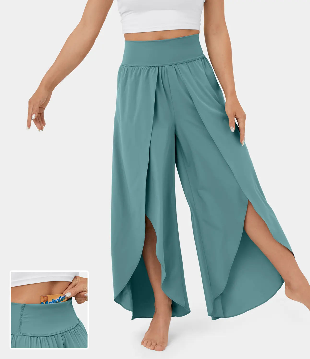 Halara High-Waisted Breezeful Polyester Garment, Breathable Fabric Back Waistband Pocket Palazzo Pants with Slit, Quick-Dry Flowy Wide-Leg Casual Sports & Outdoor Joggers