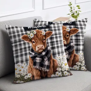Cute Highland Cow Throw Pillow Covers for Sofa 🐄 - Perfect Mother's Day Gift Ideas! - Rustic Farmhouse Decor with Daisy Buffalo Plaid Gingham Pattern, Welcome Sign - Cottagecore Cozy Vibes - TikTok Made Me Buy It, Viral Home Accent