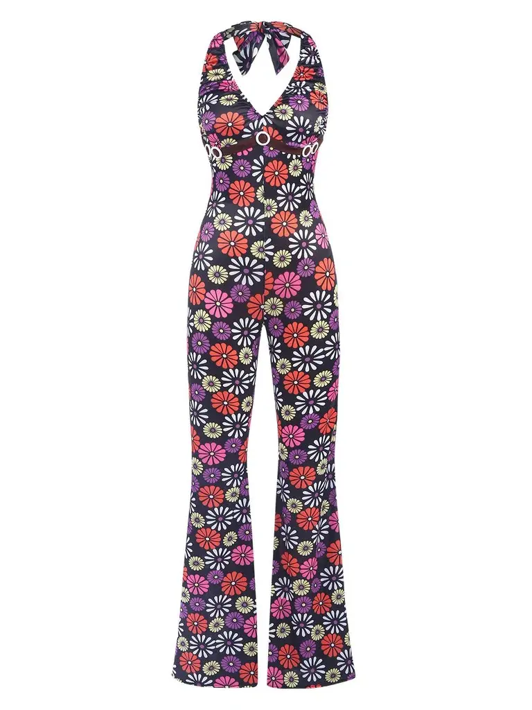 RETRO STAGE Women's 1970s Vibrant Multicolor Floral Halter Overalls - Sleeveless, Stretchy, Casual Bohemian Crop Top for Boho Earthy Girls' Summer Outfits, Hippie Boho Earthy Clothes, Halter BackToSchool Sohochic Fall Dresses Fall outfits Fall fashion