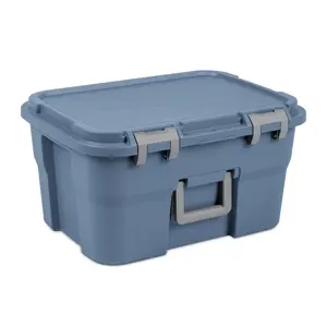 17883122678 - 14 Gallon Footlocker Storage Bin, Heavy Duty Plastic Storage Trunk Container, Lockable with Handle, Blue