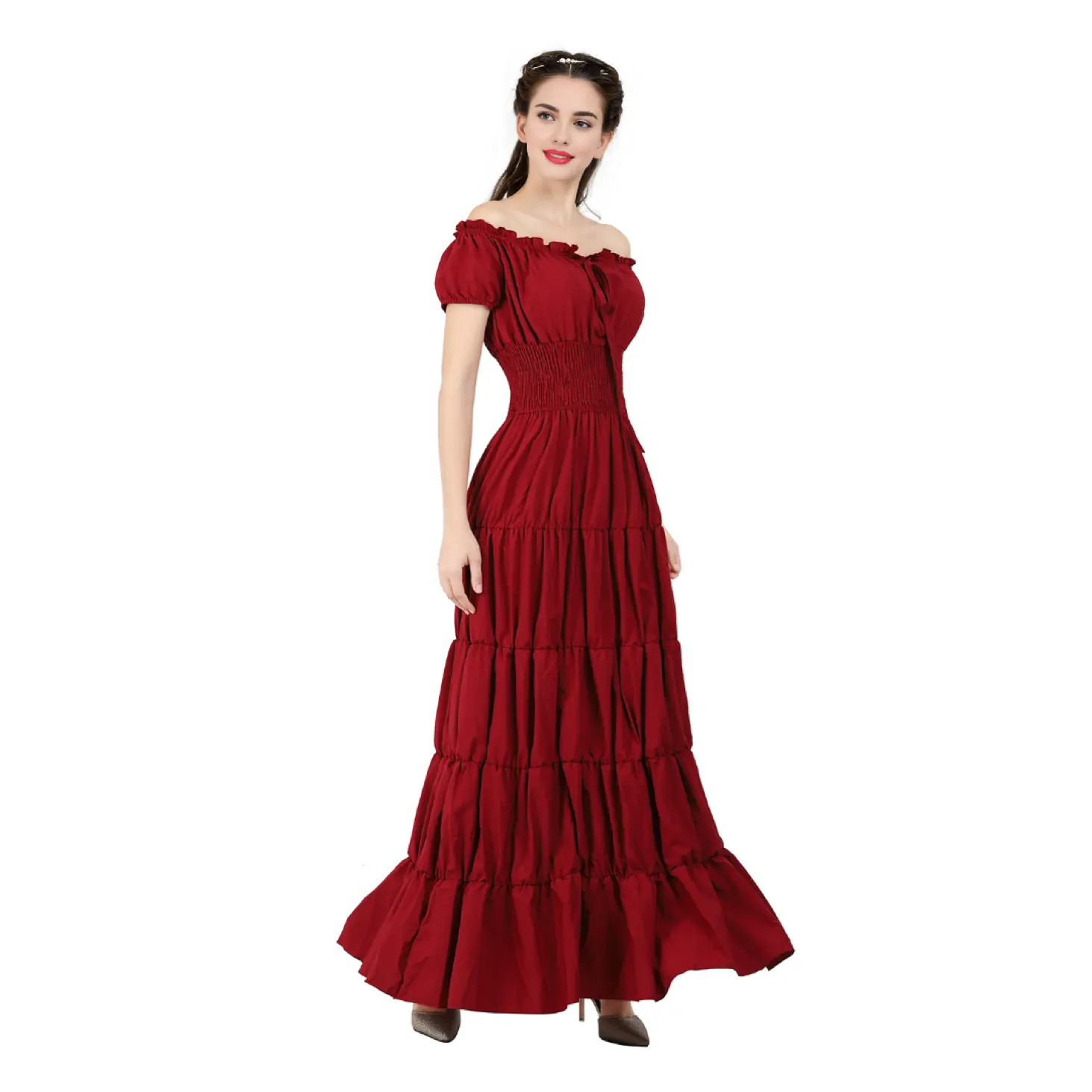 Renaissance Costume Women Medieval Irish Under Dress Retro Gown Wench Peasant Smocked Waist Long Dresses Halloween Costumes Girls Party Outfit Gothic Dress,summeroutfits,vacationoutfits,beachoutfits