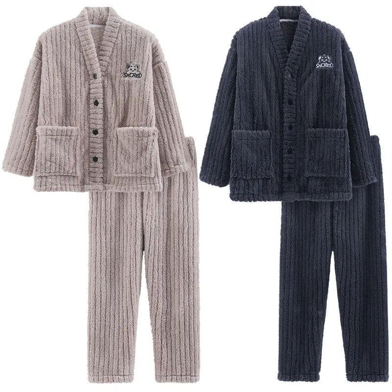 Couples' Matching Pajama Sets in Elegant Coral Fleece & Classic Flannel, Casual Long-Sleeve Loungewear for Autumn-Winter, Pajama Set, Cardigan