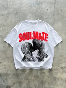 Men's Street Style Abstract Line Soul Mate Print T-Shirt, Trendy Romantic Casual Short Sleeve, Fitted Long Clothing, Tropical Pattern