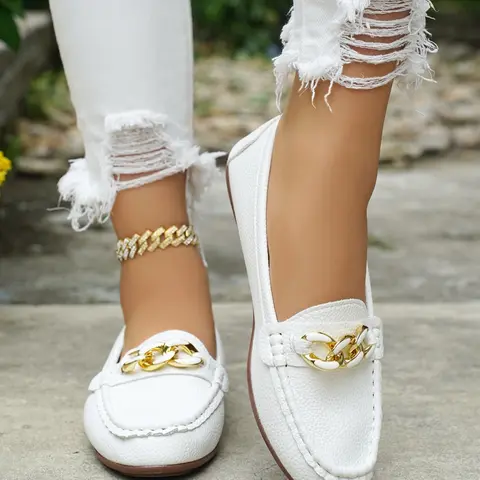 Women's Autumn New Chain Decoration Lightweight Slip Ons, Comfortable Multi-Functional Rubber Sole Shoes Casual Flat Footwear Casual Flats for Daily Wear
