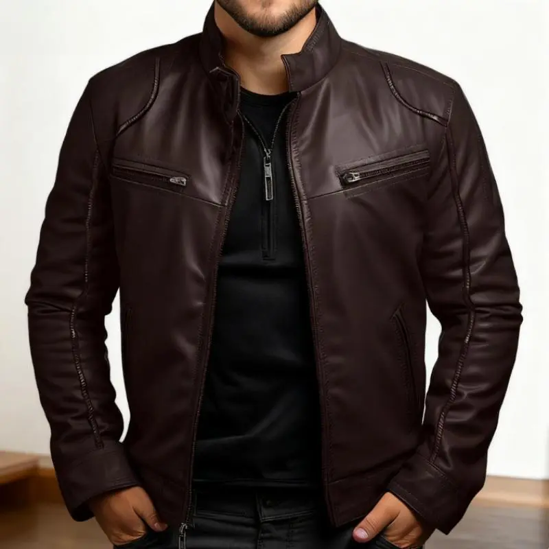 Men's Casual Solid Artificial Leather Jacket with Stand Collar, Regular Fit Zip-Up Coat for Autumn and Winter, Long