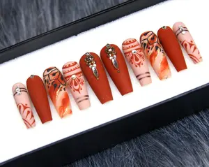 Terracotta Boho Press On Nails | Burnt Orange Marble Nail Art | Tribal Pattern Nails | Handmade Fake Nails | Autumn Glam Nail
