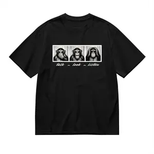 Men's Funny Three Wise Monkeys Graphic T-Shirt, Classic Japanese Proverb Print Heavyweight Black Crew Neck Tee with White Pattern, Machine Washable Regular Fit Casual Streetwear, Great Humorous Gift for Men
