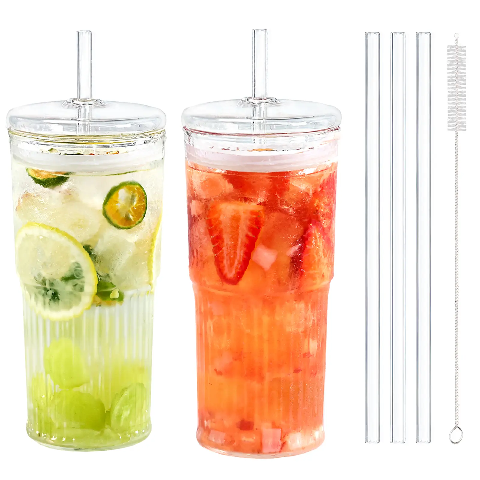 Puraville 2 Pack 20oz Glass Cups with Lids and Straws, Mason Jar High Borosilicate Drinking Glasses Iced Coffee Cup, Glass Tumbler Smoothie Cup for Long Drinks