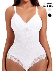 Women's Contrast Lace Sheer Spaghetti Strap Shapewear Bodysuit, Backless Shapewear Waistband Shaping Bodysuit, High Stretch Shaper, Tummy Control Compression Butt Lifter, Seamless Shaper, Underwear