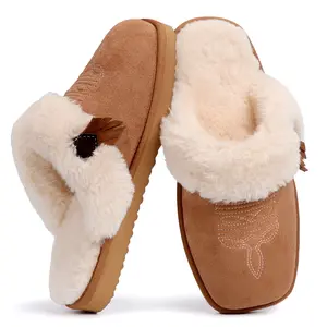 OOW Fuzzy Cozy  Slippers for Women with Memory Foam Comfy Bedroom Fluffy Slippers with Faux Fur Lining Western Cowgirl Boot Slippers Indoor & Outdoor Square Toe
