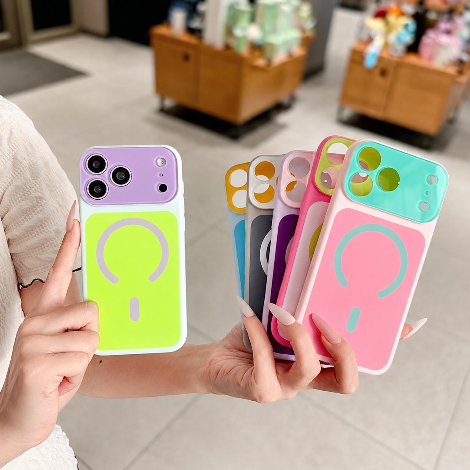 Dopamine Color Block MagSafe iPhone Casing, Shock-Absorbing Bumper, Dustproof Bottom, Dual Lanyard Holes, Wireless Charging Smartphone Case for iPhone 11-17 Pro/Pro Max Handheld Cellphone Devices