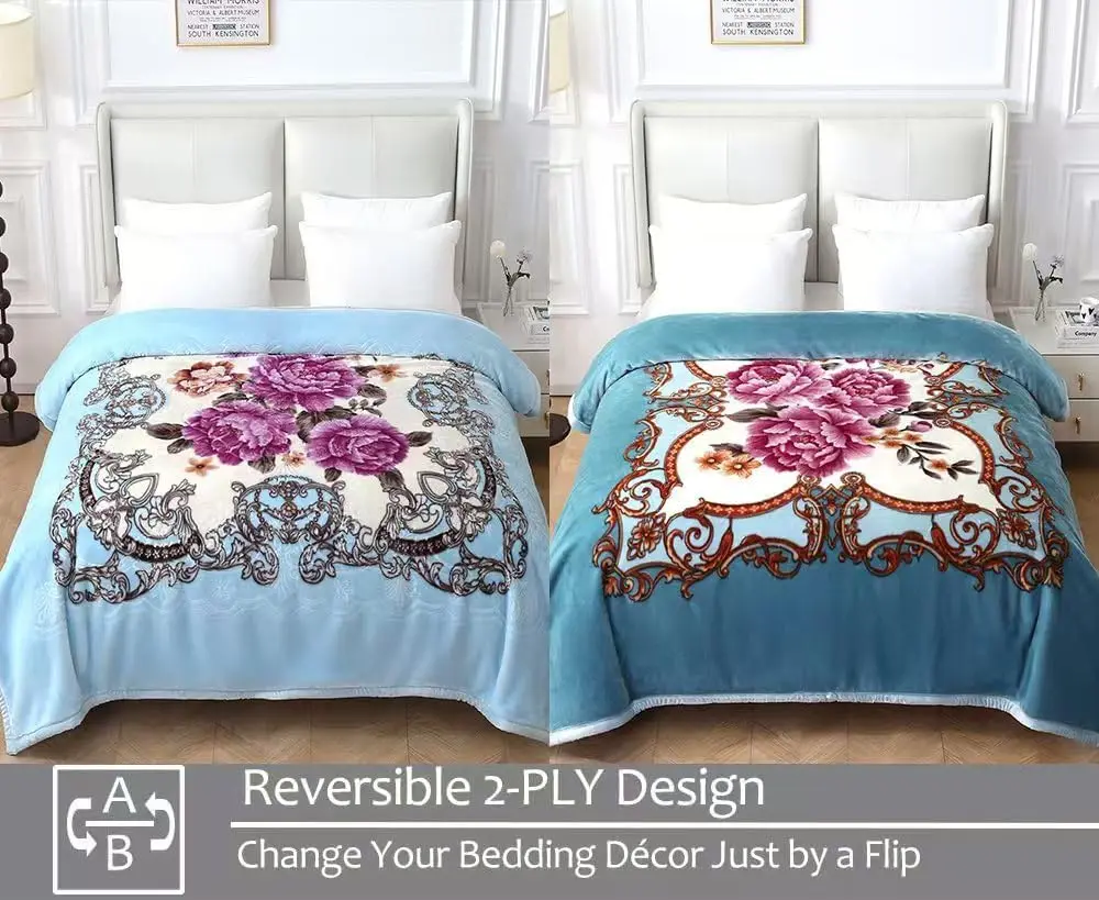 2-Ply Reversible Peony Flower Print Fleece Blanket, Soft Plush Warm Machine Washable Camping Bed Blanket for Fall-Winter, Blue, 75x87in