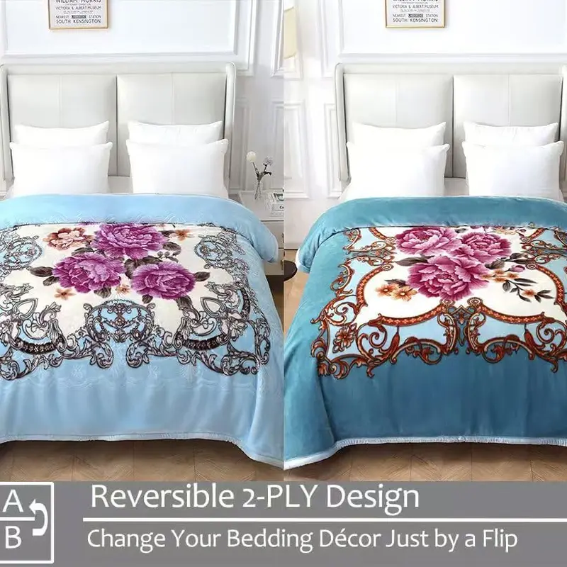 Blue 2-Ply Floral Print Fleece Camping Blanket - 75x87in, Cozy Warm, Fluffy Soft, Durable, Double Sided, Foldable, Machine Washable, Unisex for Fall-Winter Home & Outdoor Use (Blue/Peony), Cozy Warm Blanket, Double Sided Blanket
