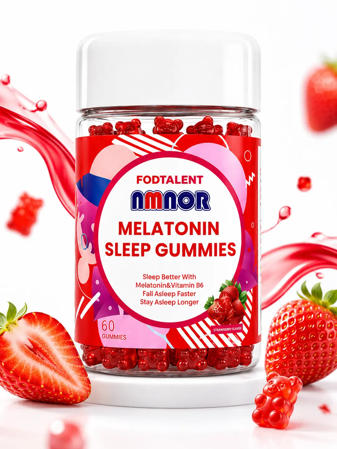 Melatonin Dietary Sleep Gummies with Vitamin B6 - 60-Count Strawberry-Flavored Bear-Shaped Nighttime Routine Supplement for Adults, Gummy, Edible
