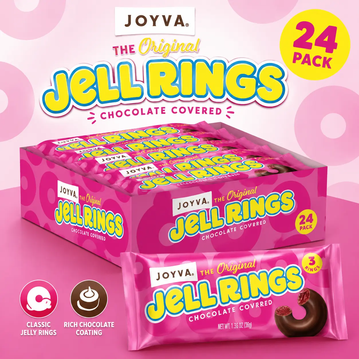 Joyva Jell Rings Chocolate Covered Candy 24 Count  Classic Jelly Rings with Chocolate Coating | Bulk Candy Box for Parties & Sweet Treats