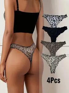 4pcs Women's Leopard & Zebra Print Thongs, Soft Stretch Comfort Underwear with Ruffled Edges,  Low-Rise V-String Panties for Casual Attire