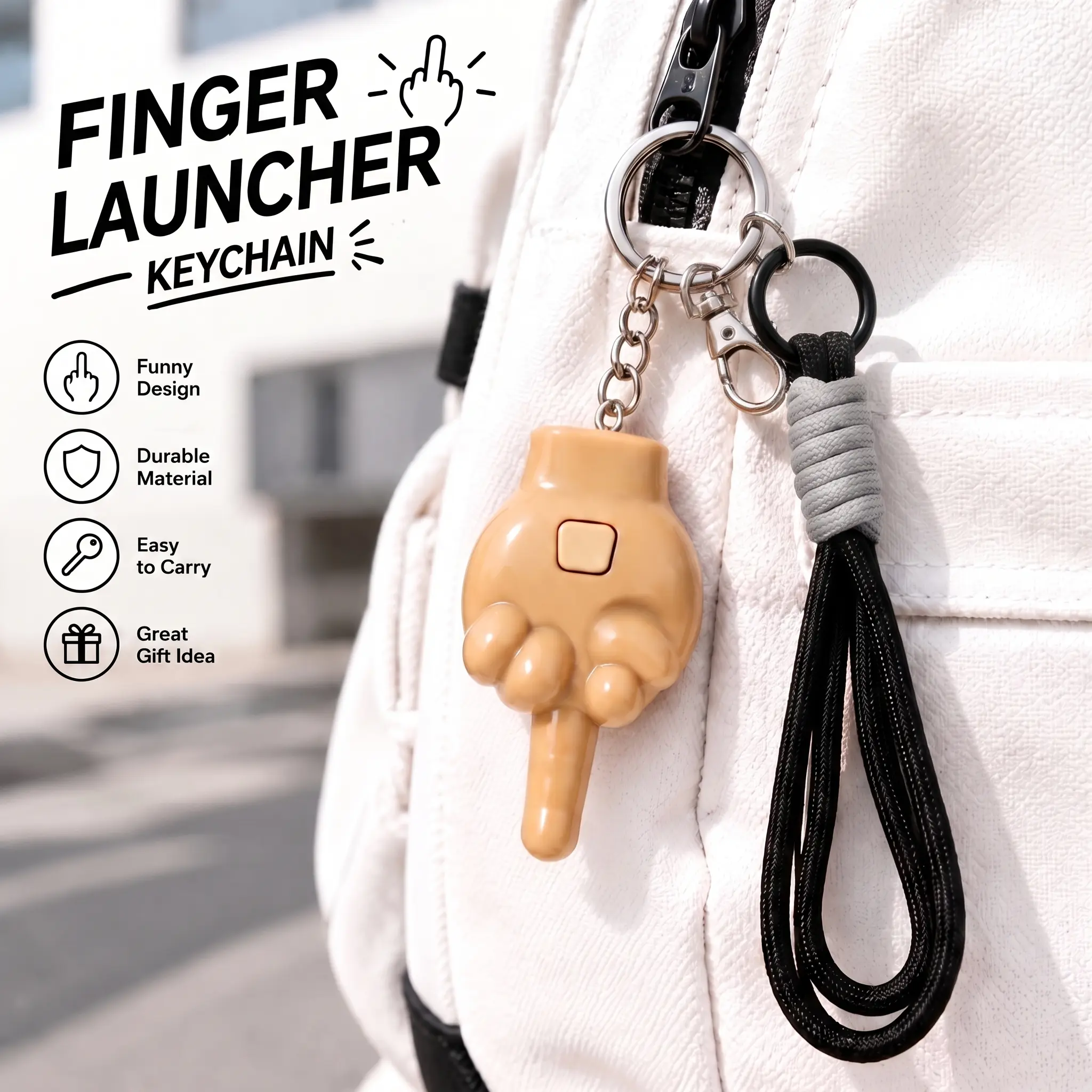 Funny Middle Finger Keychain Set, 3-Piece Retractable Prank Pendant with Push-Button Keychain, Unique Phone Stand & Novelty Backpack Charms for Daily Use