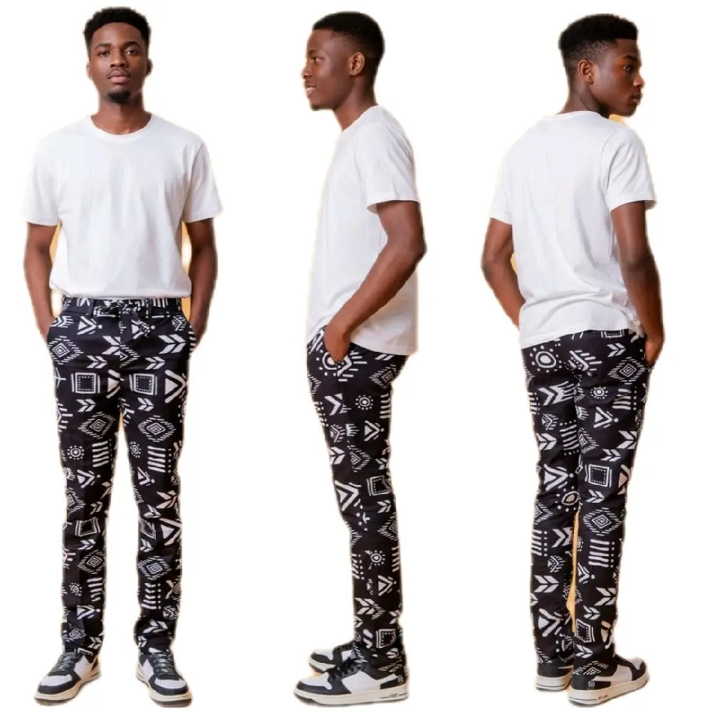 Men Ankara Trousers - Stylish Black & White Geometric Patterned Pants for Casual Wear