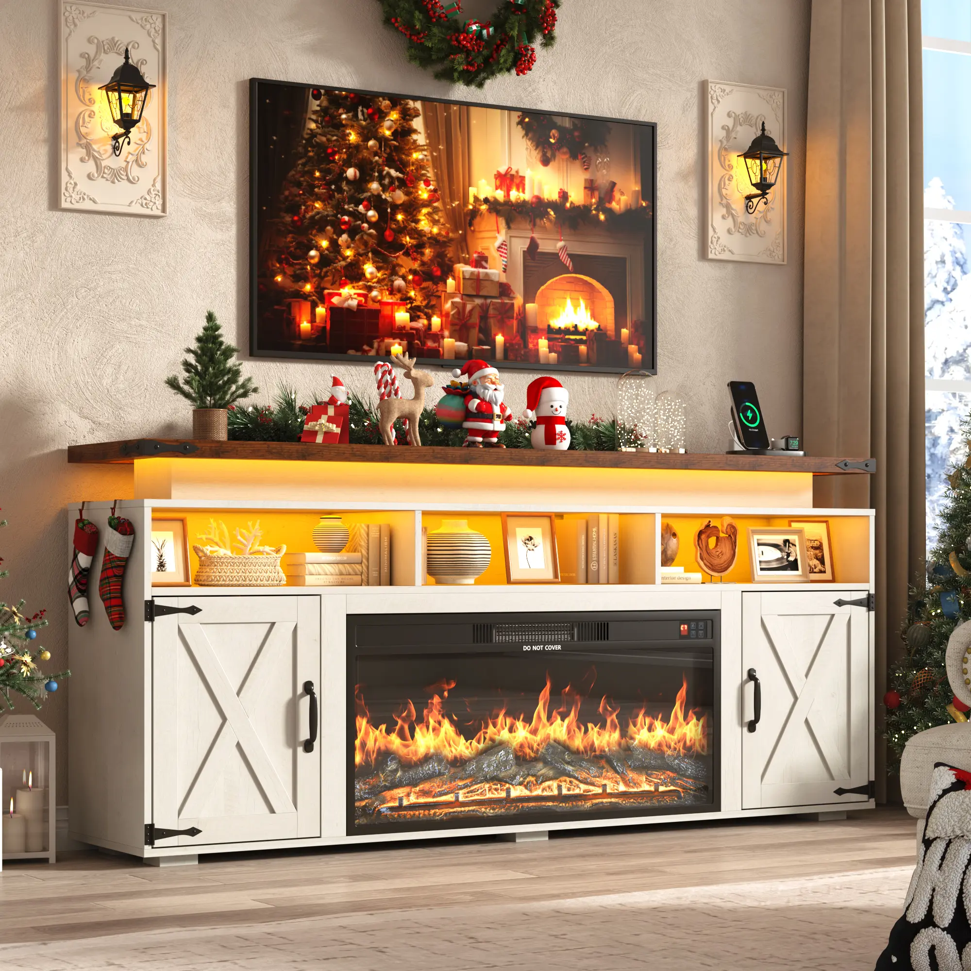 【2Packages Shipping】Farmhouse Fireplace TV Stand w/Power Outlet for 75/80 Inch TV, 32" Tall Entertainment Center w/ 36" Electric Fireplace,LED Light, Rustic Media Console w/Sliding Barn Door for Living Room,Antique White/Rustic Brown
